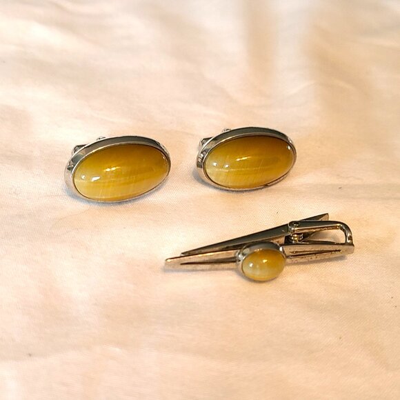 Vintage P.m.P. Cufflinks Tie Tack Clip Polished Stone Men's Accessories Set - Picture 5 of 9